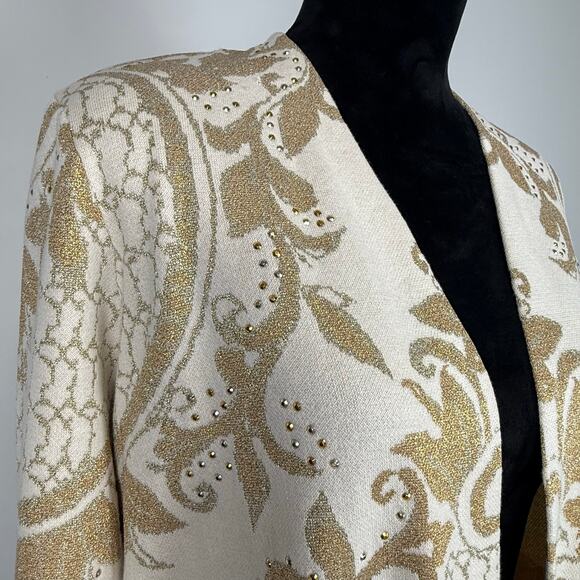 Chicos Cardigan Lurex Gold Shimmer Open Front Plus Size Rhinestone Sweater New - Picture 4 of 12